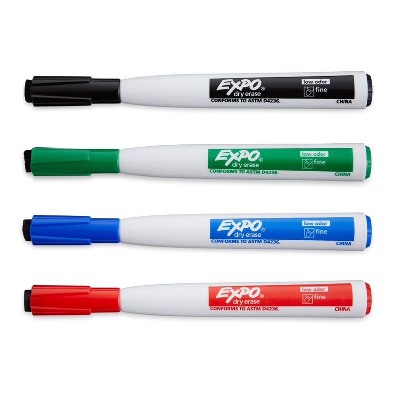 EXPO Magnetic Dry Erase Markers with Eraser, Fine Tip, Low Odor Ink, 4 Count, 4 Assorted Colors: Black, Red, Blue, Green - Image 2